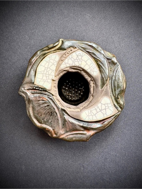 prolon Other - Prolon Raku Fired Artisan Ceramic Flower Frog - Iridescent Grey and Cream